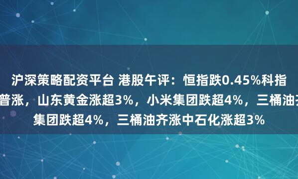 沪深策略配资平台 港股午评：恒指跌0.45%科指跌0.98%！黄金股普涨，山东黄金涨超3%，小米集团跌超4%，三桶油齐涨中石化涨超3%